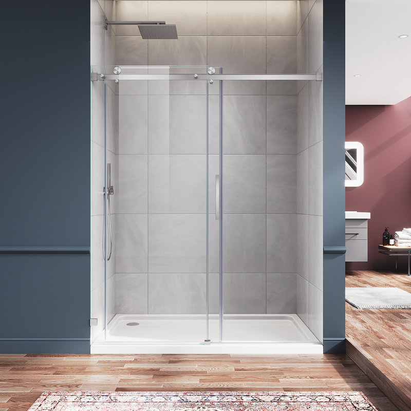 Porte de douche coulissante sans cadre l 60 po x H 72 po avec verre trempé 5/16 po, Nickel brossé