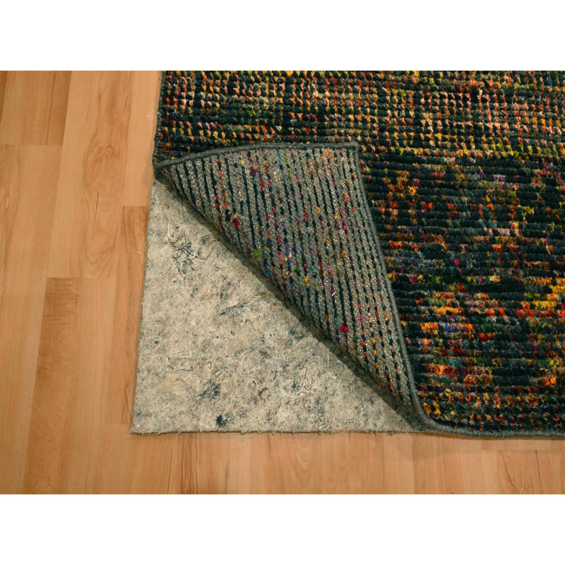 2'6"x11' Black Sari Silk and Wool Striae Design Hand Knotted Runner Rug G76206