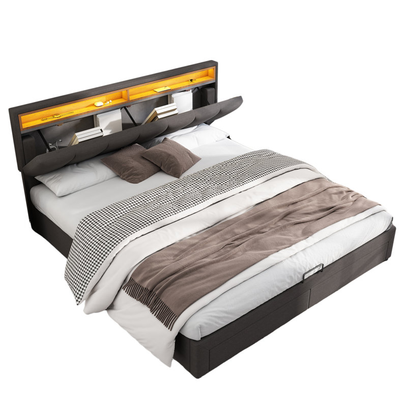 Grey Linen 6FT Super King Upholstered Bed with LED Lighting, Hydraulic Storage, Drawers, Stowable Foam Headboard, 180x200 cm
