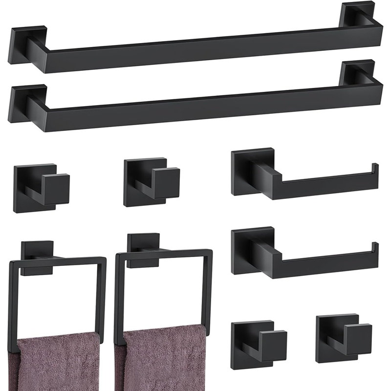 Ensemble de 10 accessoires de salle de bain noir mat – Porte-serviettes mural en acier inoxydable et accessoires