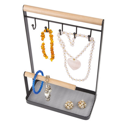 Creative Home Metal 2-Tier Jewelry Tree Stand Hanger Storage Organizer with Black Powder Coating Acacia Wood Hanger for Necklaces Bracelets Earrings Watch Display
