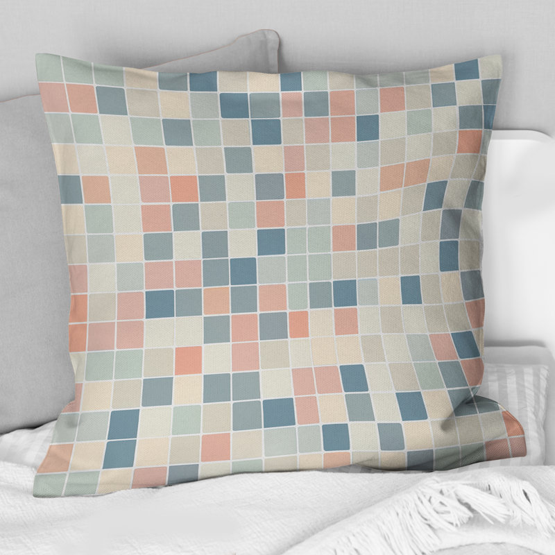 Coussin décoratif abstrait rose et bleu Misty Grid II, Carrée, H 18 po x l 18 po