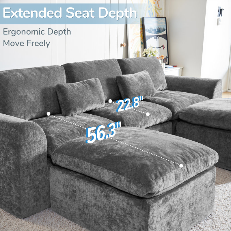 120" Comfy Cloud Couch U Shaped Sectional Sofa, Modular Sectional Sofa, 5-Seater Comfy Cloud Couch with Movable Ottomans, Chenille Sofa Sleeper Deep Seat Couches for Living Room With Two Ottomans