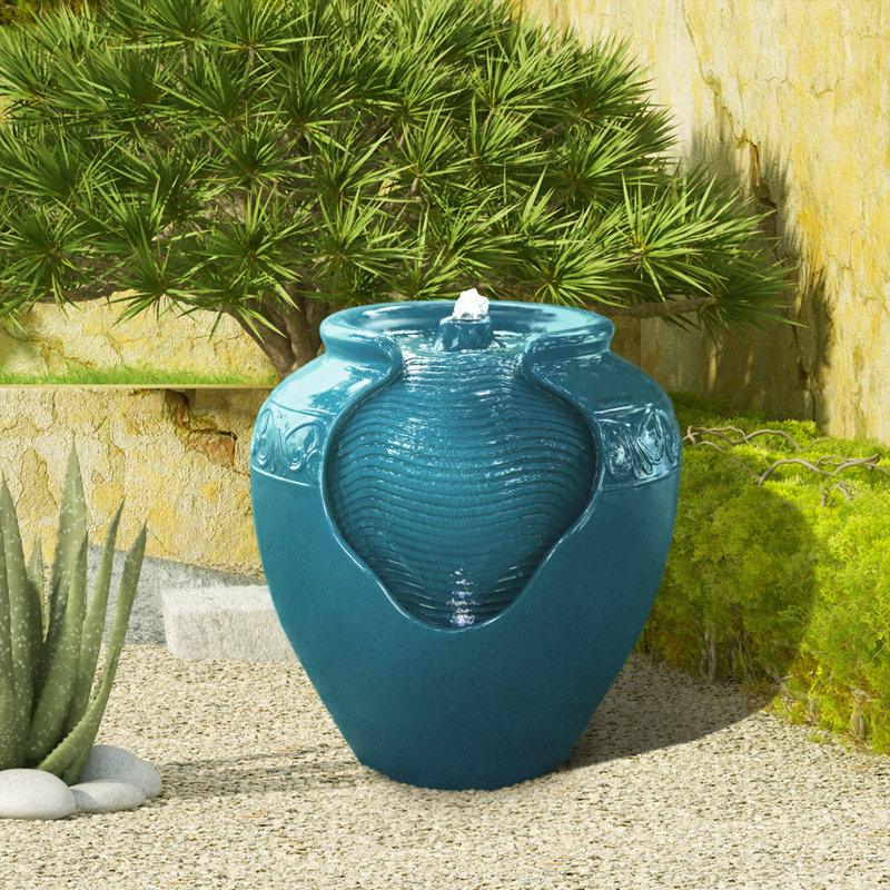 Fontaine d'extérieur 17 po glacée à la main avec lumières DEL et surface texturée, Sarcelle