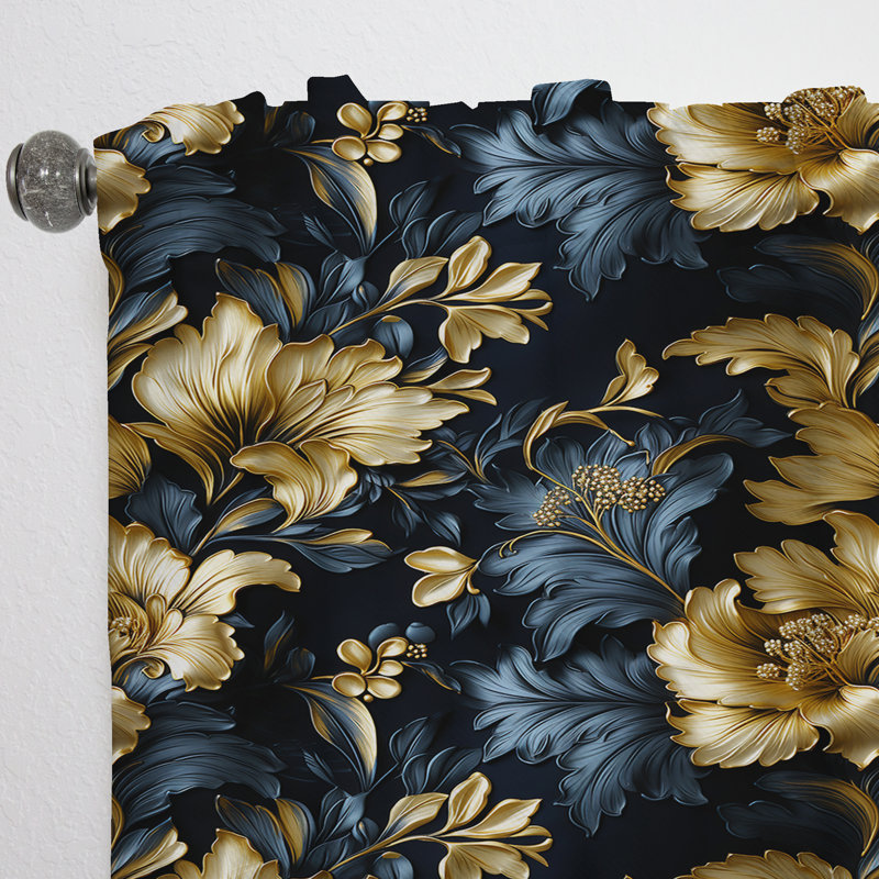Dark Blue And Golden Gilded Damask Glamour I - Bohemian Velvet Curtain - Room Darkening - 1 Panel, 52" W x 90" L