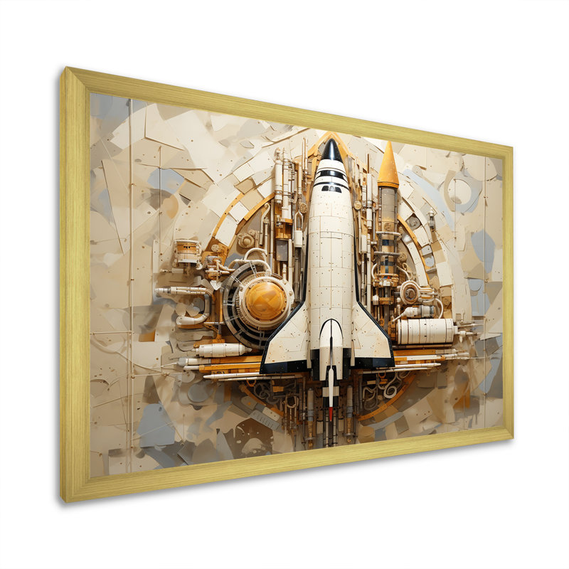 Navette spatiale rétro voyage cosmique, H 30 po x l 40 po x P 1,5 po, Cadre doré simple