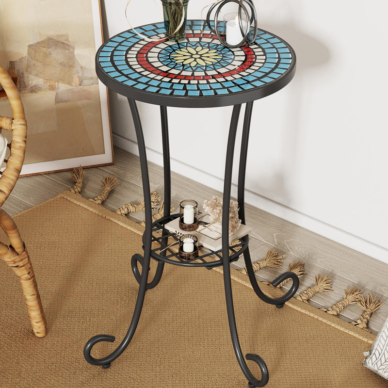 Patio Side Table With Shelf,Blue+Black