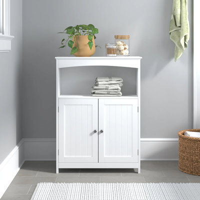  Double Door Bathroom Floor Cabinet with Open Shelf Storage, White