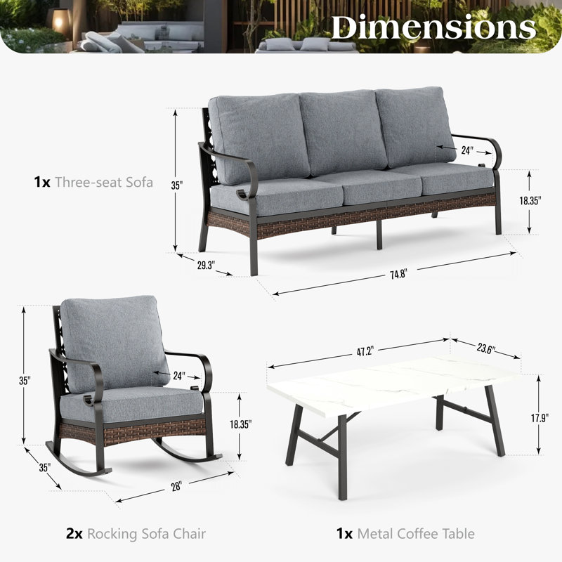 5-Person Sofa Seating Group With Rocking Lounge Chairs, Gray