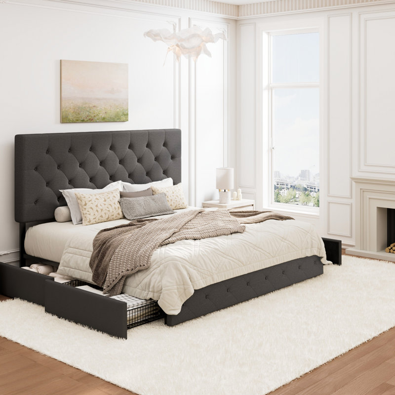 Storage Platform Bed with 4 Drawers and Adjustable Diamond Pattern Linen Headboard, King, Dark Gray