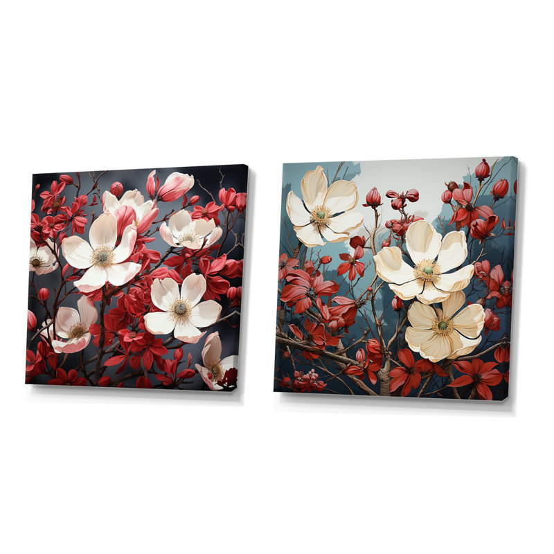 Trèfle blanc et rouge cornouiller I - ensemble d'art mural en toile de cornouiller, Toile tendue, H 16 po x l 33 po x P 1 po
