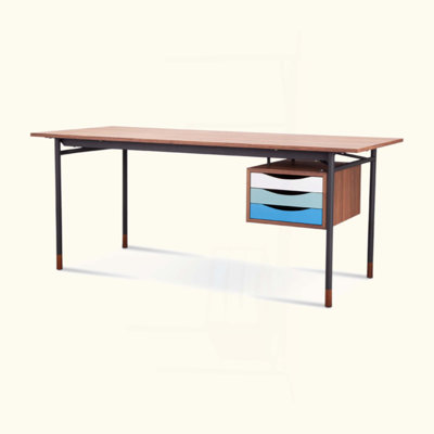 Modern Veneer Desk With Black Stainless Steel Legs & Lacquered Drawers