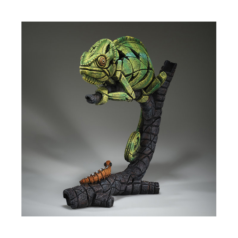 Green and Black Resin Chameleon Figurine with Branch