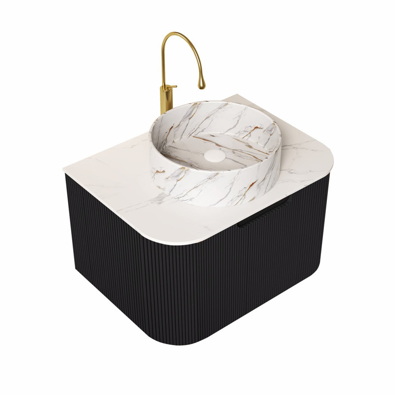 Bathroom Vanity With Sink, Wall-Mounted Floating Curved Edges Striped Bathroom Storage Cabinet With Drawer, White/Black