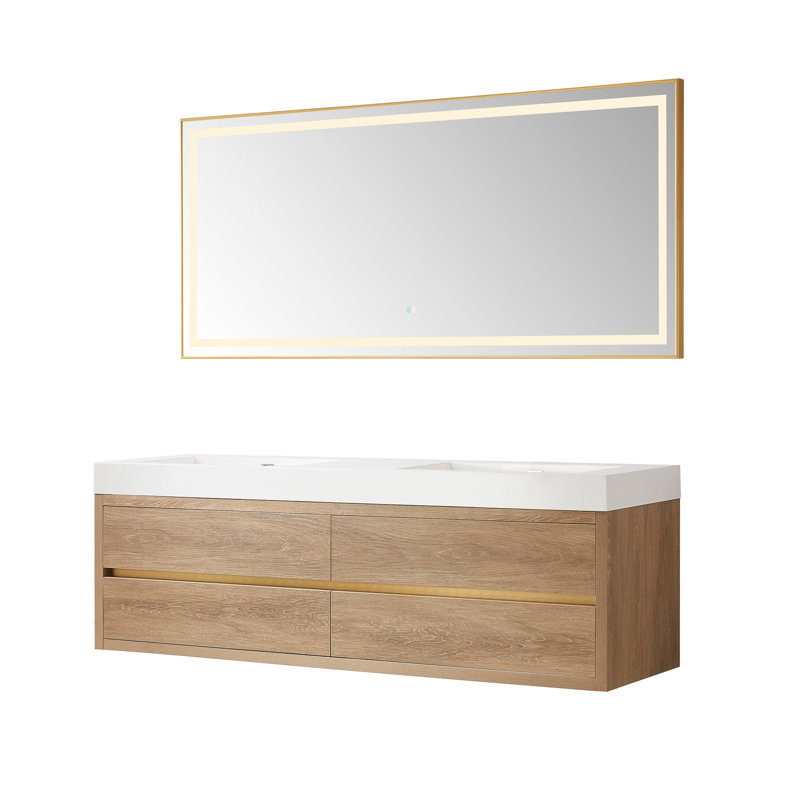 71.7'' Double Bathroom Vanity with Composite Top with Mirror, White, North American Oak Finish