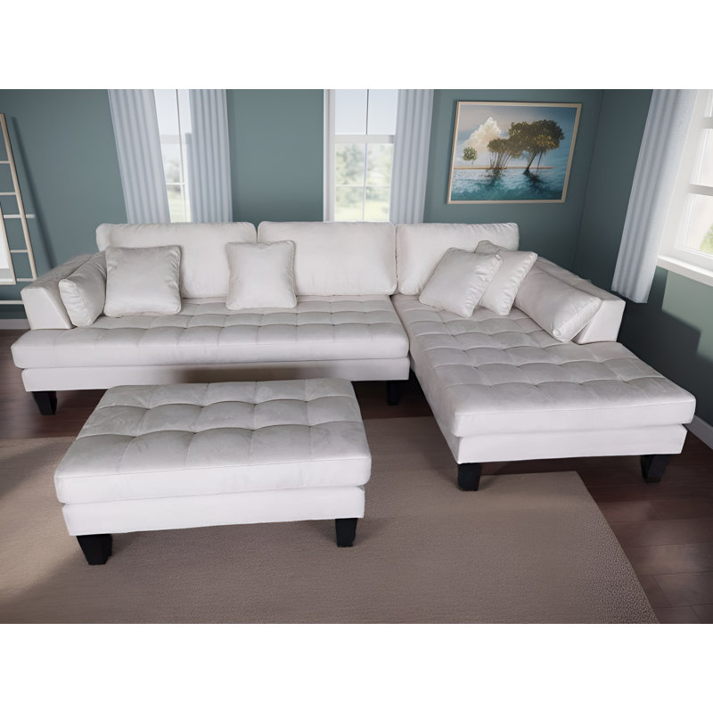 Canapé modulaire en microfibre avec repose-pieds Pritesh, Accoudoir à droite (vu de face), Microfibre / microsuède blanc