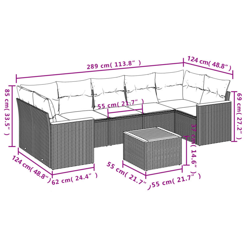 Ensemble de canapé de patio 8 pièces avec coussins en rotin noir pour l'extérieur, Teal