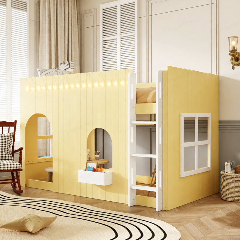 Lit mezzanine simple pour enfant avec guirlande lumineuse DEL, Jaune