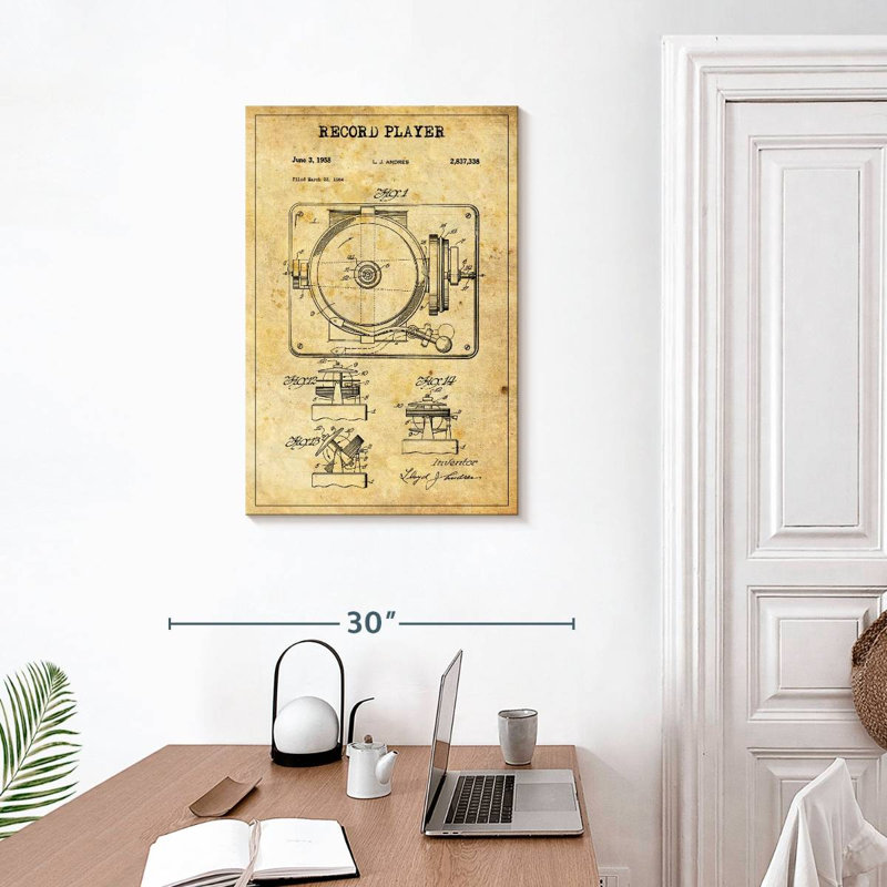 Disque tourne-disque brevet sur toile, H 30 po x l 20 po x P 1,25 po
