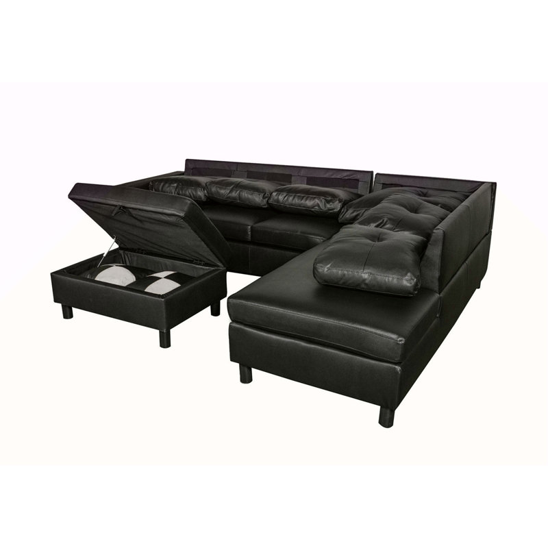 3 PC Sectional Sofa Set, (Black) Faux Leather Left-Facing Sofa With Free Storage Ottoman