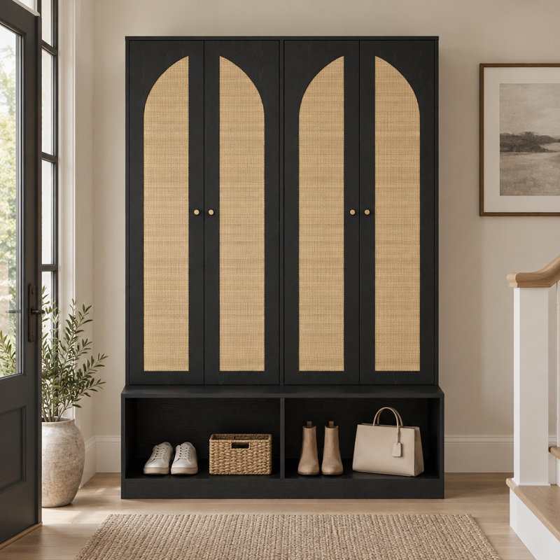 79" Farmhouse Hall Tree with Rattan Doors, Shoe Storage Bench, 6 Coat Hooks and Adjustable Shelves for Entryway