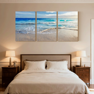 Plage, océan, vagues, plage, ciel, sable, horizon, soleil, bleu, ensemble de 3 impressions sur toile