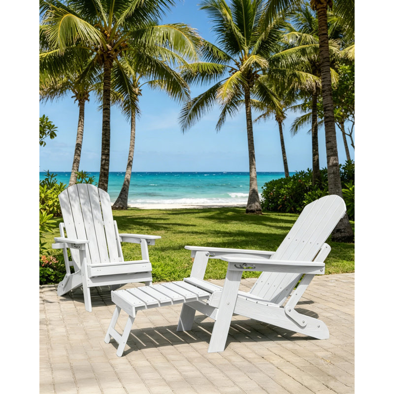 Plastic Adjustable Adirondack Chair with Footrest Outdoor HIPS Folding Adirondack Chair with Retractable Ottoman, 2 Cup Holder for Patio, Lawn, Pool, Garden, White