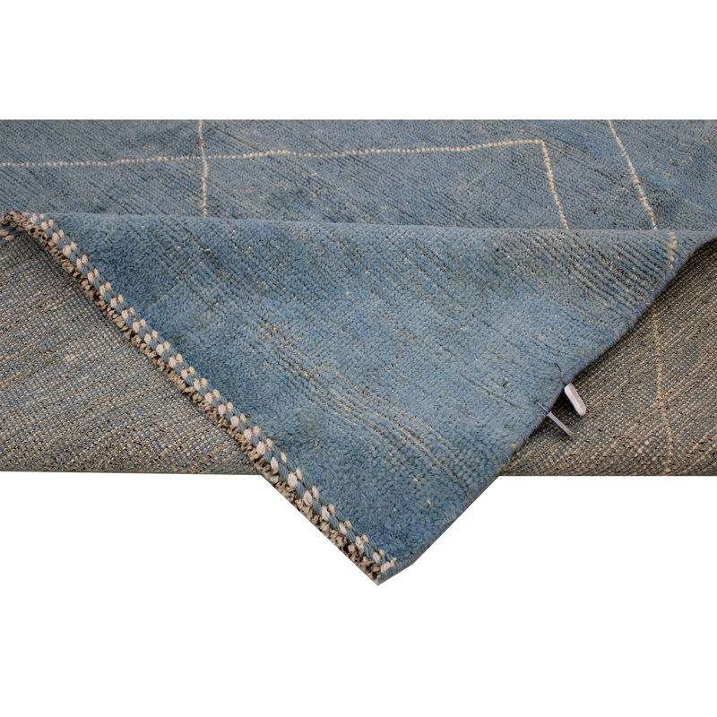Tapis géométrique bleu / gris / brun en laine noué à la main 7 pi 11 po x 10 pi 1 po Geometric