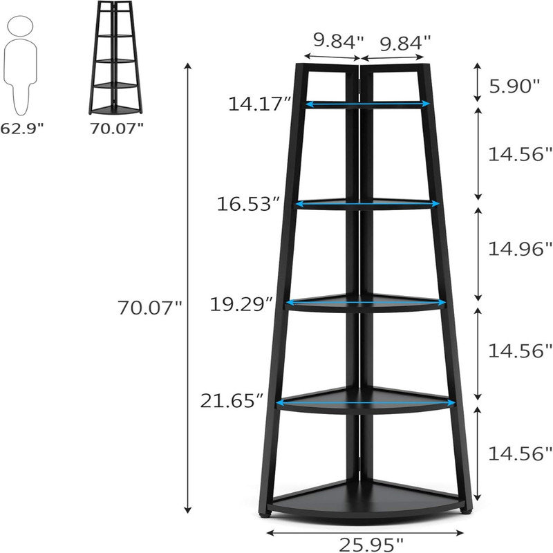 5-Tier Corner Bookshelf – Industrial Style with Heavy-Duty Storage, Gray