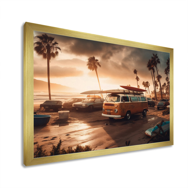 «Beachside Camping III - Modern Beach», reproduction d'art murale en bois, H 12 po x l 20 po x P 1 po, Encadrement doré