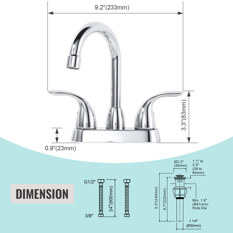 4 In. Centerset Double Handle Low Arc Bathroom Faucet With Pop Up Drain Included Supply Lines In Chrome, Chrome