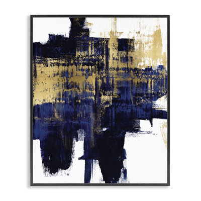 Mellow Blue Gold Brush Stroke Abstract XXL Black Framed Giclee Texturized Art by Alex Wise
