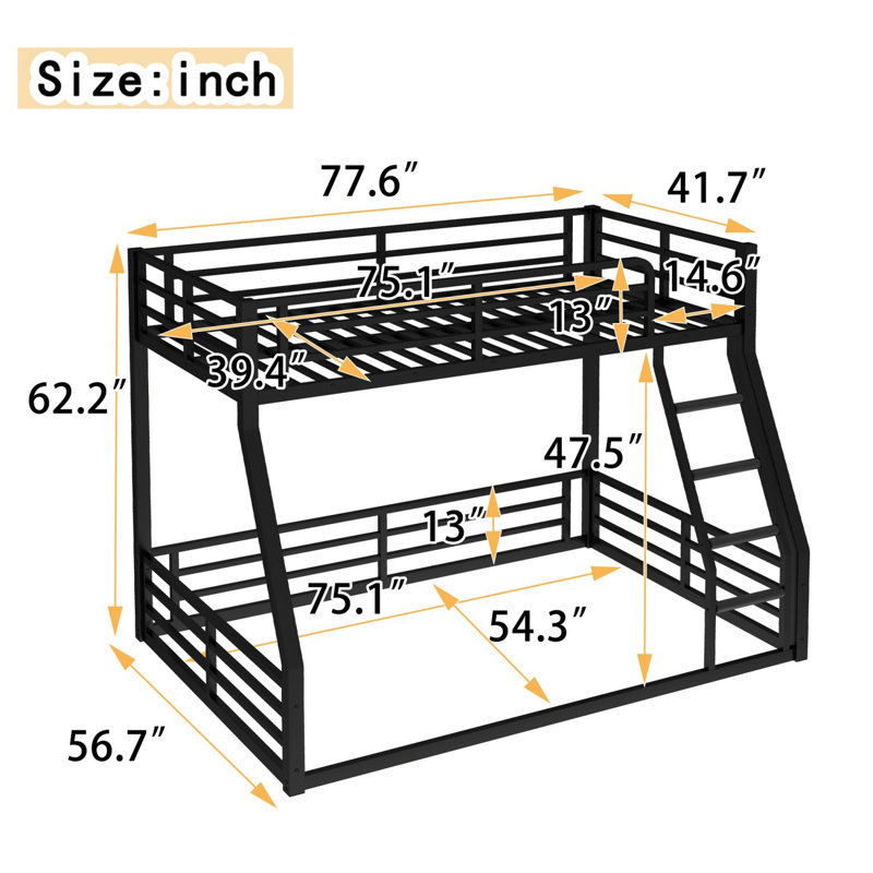 Metal Bunk Bed, Twin Over Full Floor Bunk Bed Frame, Heavy-Duty Bunk Bed for Kids, Teens, Adults, Twin Over Full