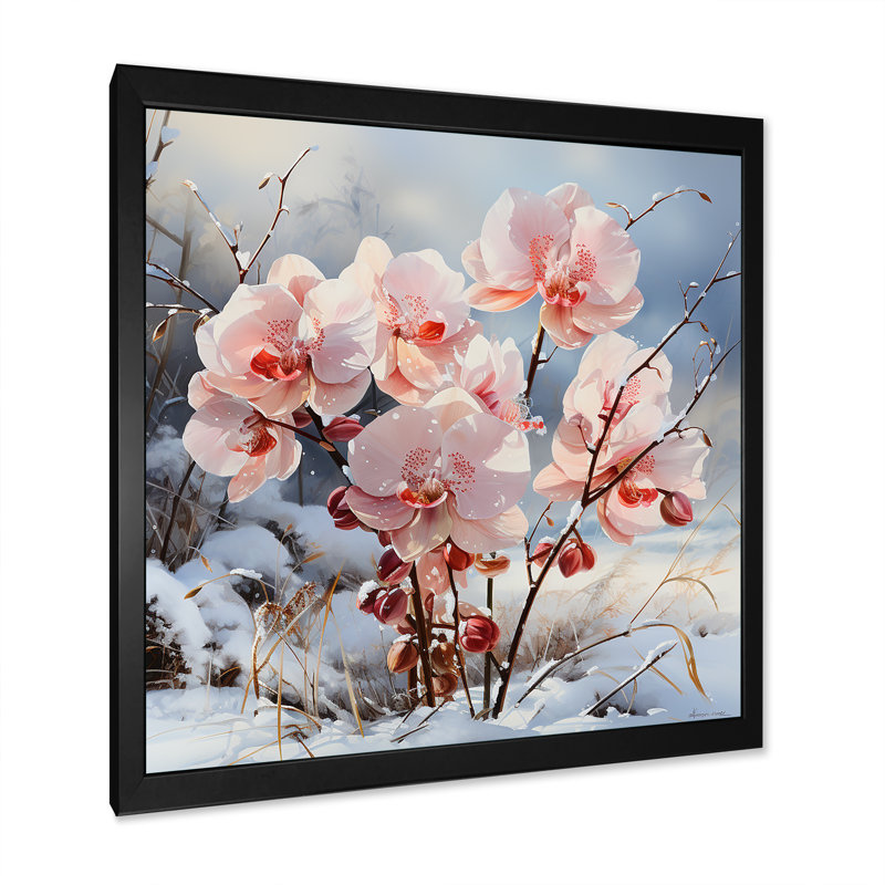 Charme d'orchidées roses en hiver, H 30 po x l 30 po x P 1 po, Cadre simple noir