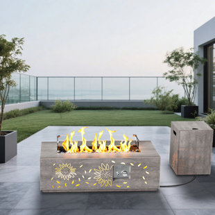 42 In Light Brown Rectangle Metal Outdoor Propane Fire Pit Table With Sunflower Cutout & Golden Light