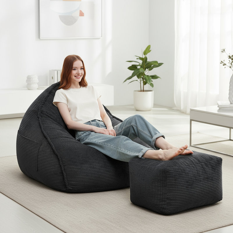 Cloud Large Bean Bag Chair with Ottoman, Corduroy Lounge Chair with 35D High-Density Foam