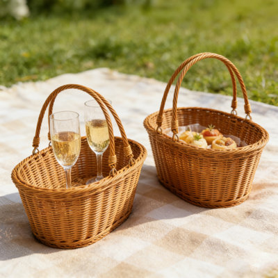 Ensemble de 2 paniers de pique-nique en polypropylène tissés à la main | Paniers de Pâques réutilisables en osier avec poignées robustes | Matériau de qualité alimentaire pour le magasinage, le rangement, la récolte et les cadeaux de Pâques | Décoration de maison de campagne rustique, durable et lavable
