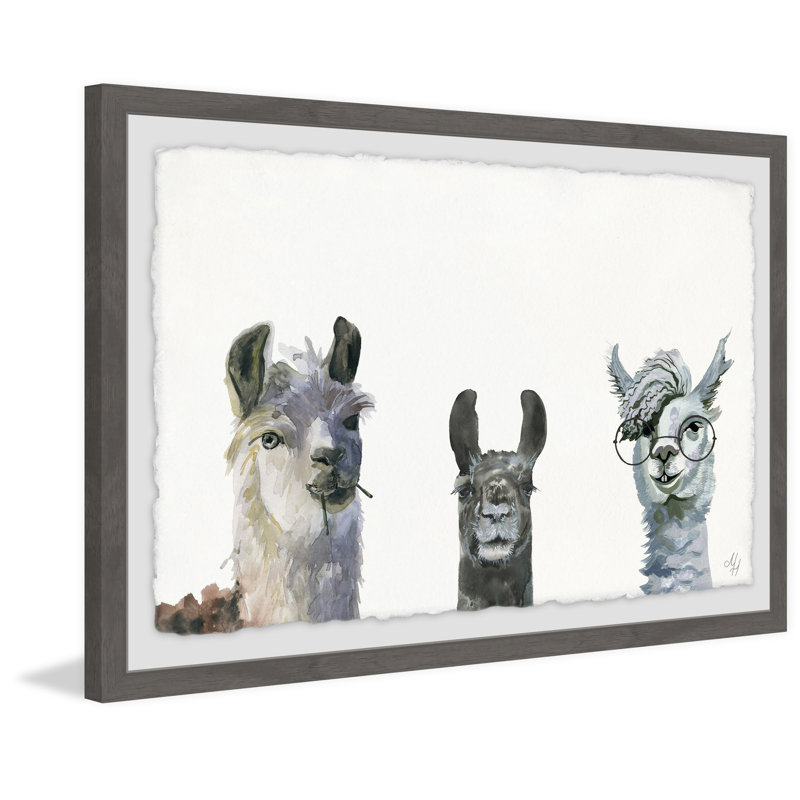 Llama Squad - Painting, 61cm H x 91cm W, Brown Framed