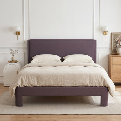 Modern Minimalist Rectangular Upholstered Bed, Full, Purple Linen