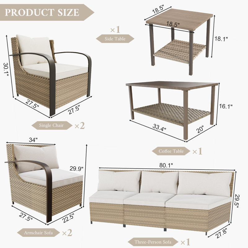 7-seater Patio Furniture Set, 7 Pieces Wicker Sofa with 2 Armchairs, Double-layer Coffee Table and  Ended Table, Beige