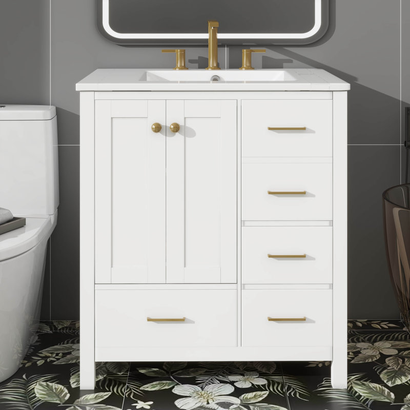 Meuble-lavabo de 30 po avec lavabo en céramique, solution de rangement autoportante avec 4 tiroirs, Blanc