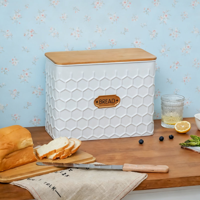 Extra Large Bread Box,Metal White Pattern Embossed Bread Storage Container Bin with Bamboo Lid,(Honeycomb)