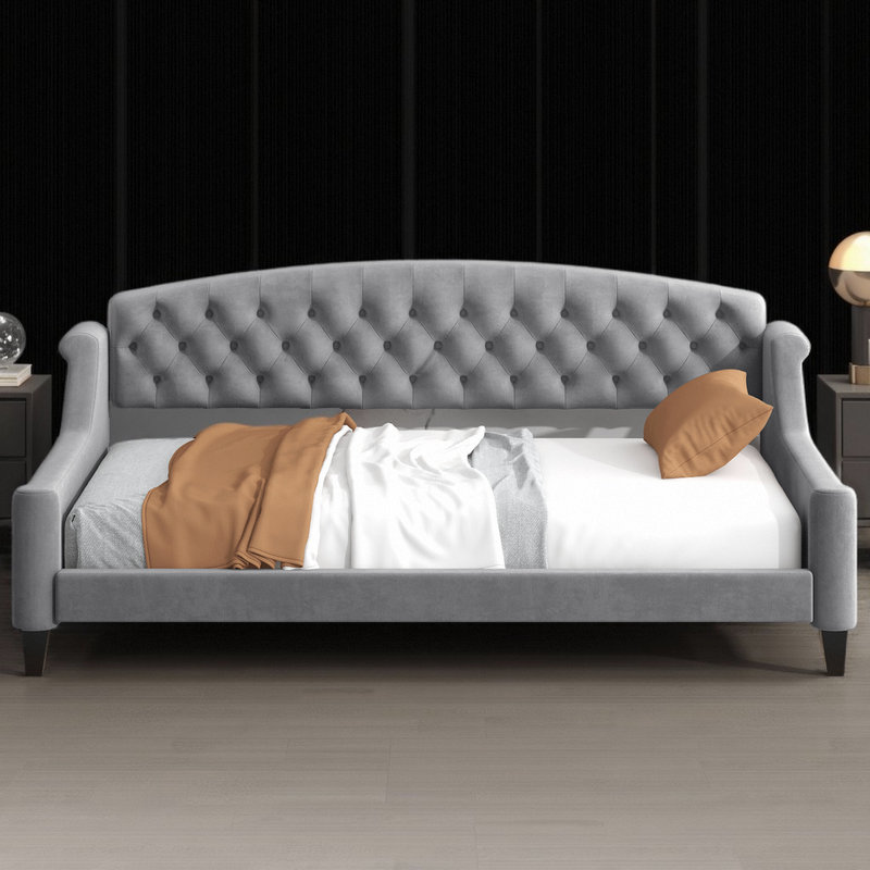 Lit de jour simple tapissier - Design moderne capitonné avec lattes en bois, Gris