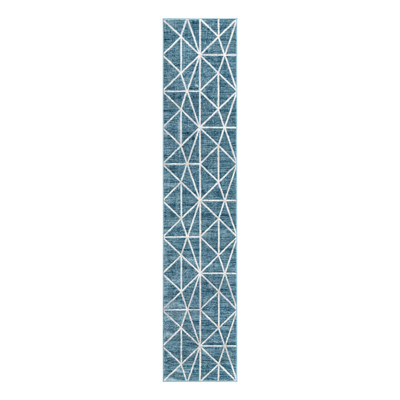 Tapis géométrique bleu / gris Jantsen, Tapis de couloir 2 pi 7 po x 13 pi