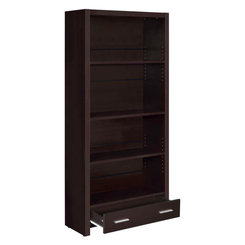 Bibliothèque à 4 tablettes Cappuccino, tiroir de rangement caché, design épuré, bois d'ingénierie, bibliothèque idéale pour la salle d'étude avec placage stratifié, tablettes à l'arrière fermées, unité de bureau
