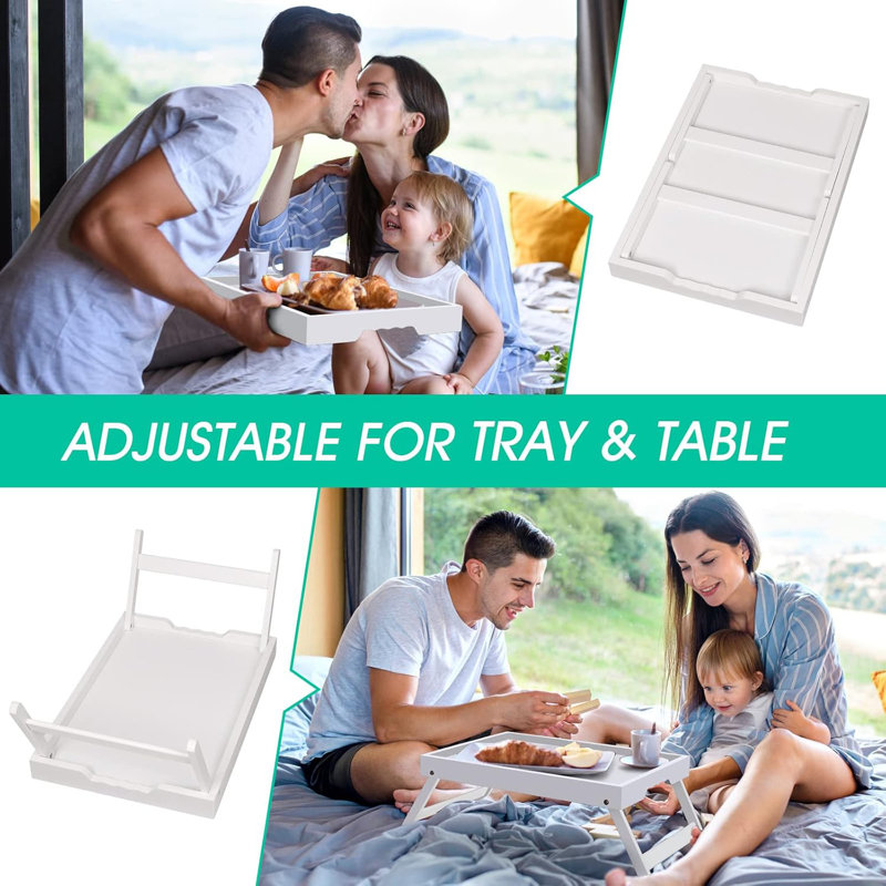 White Bamboo Bed Tray Table with Folding Legs, Set of 2