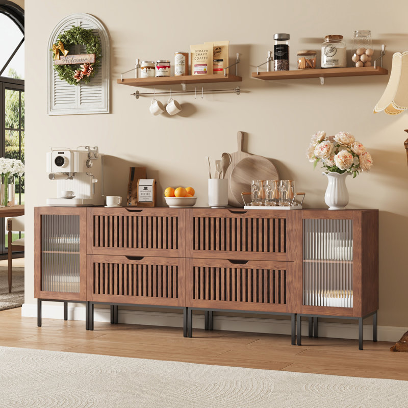 87" Buffet Cabinet,modern Storage Sideboard With Glass Doors And Drawers, Wood Credenza Accent Console Coffee Bar For Kitchen,living Room,hallway,brown
