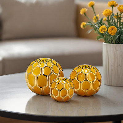 Jacob-James Decorative Stoneware and Ceramic Orbs with Glossy Geometric Design, Set of 3
