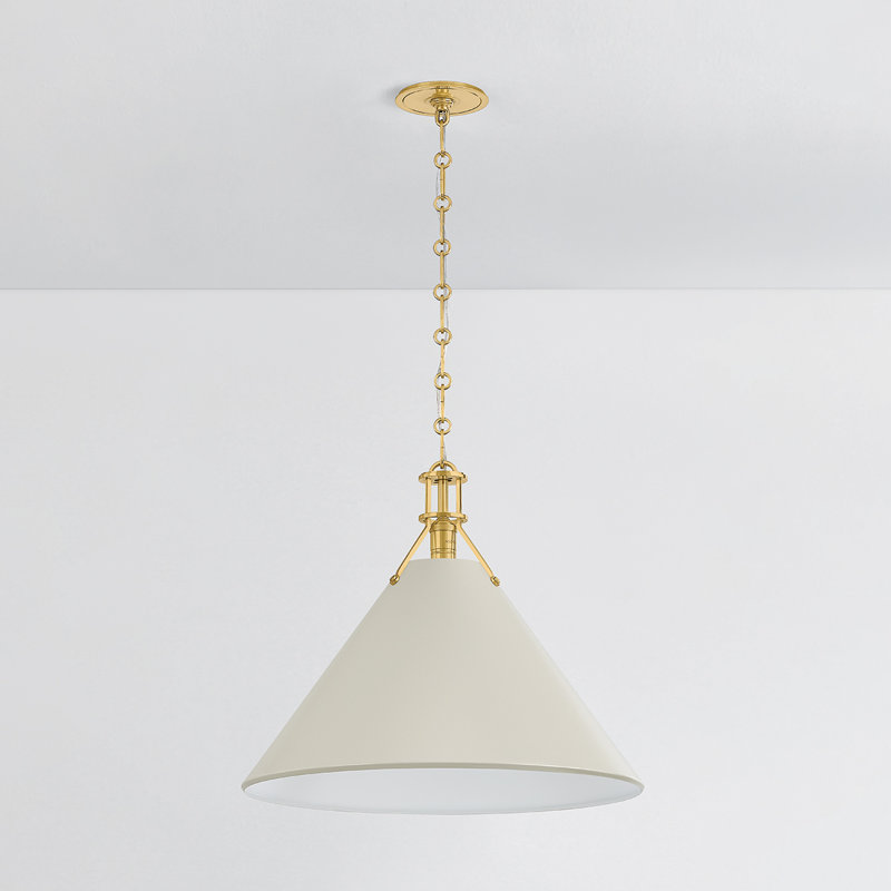 Painted No. 2 Pendant in Aged Brass and Blue Bird by Mark D. Sikes, 17.5" H x 21" W x 21" D, Off-White, Brass