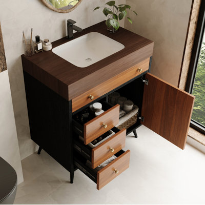Meuble-lavabo sur pied moderne de 29,9 po avec lavabo en céramique, plateau en pierre frittée, 1 porte à fermeture douce, 3 tiroirs et drain réglable